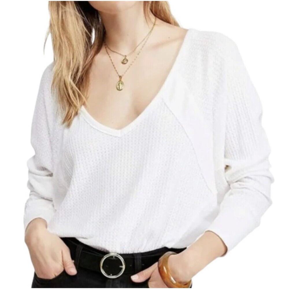 Free People Santa Clara Thermal Top Sz S Alabaster White Oversized Waffle Knit